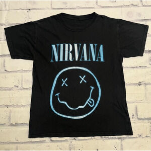 Nirvana T Shirt (Adult Small) Black/Blue Smiley - Grunge Rock Band Merchandise